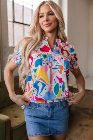 Κοντομάνικη Μπλούζα Multicolour Abstract Print Lace Detail